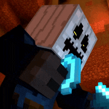 a pixel art of a skeleton holding a blue diamond sword