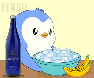 a penguin drinking ice from a bowl next to a bottle of saratoga