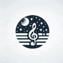 a logo for universal musical with a treble clef and moon
