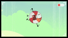 a cartoon character is flying through the air with a life preserver .