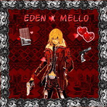 a picture of eden mello holding a gun and a chocolate bar