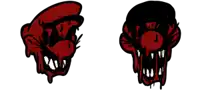 two drawings of a cartoon character 's face with teeth coming out of it on a white background .