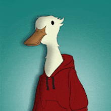 a cartoon duck wearing a red hoodie