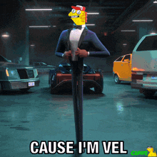 a cartoon character in a tuxedo with the words cause i 'm vel below him