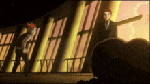 a man in a suit stands next to another man in a cartoon