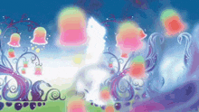 a cartoon drawing of a cat surrounded by colorful flowers and bells