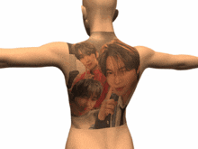 the back of a mannequin has a tattoo of three young men on it