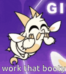 a cartoon of a goat flying in the air with the words `` work that booty '' .