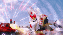 a cartoon character with a red and white outfit is fighting another character