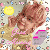 a boy with pink hair and glasses is surrounded by good morning graphics
