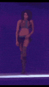 a woman is dancing on a stage in front of a purple screen .