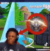 a man wearing headphones is playing a video game with a picture of a laughing face in the background .
