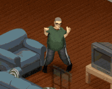 a man in a green shirt is standing on a table in a living room