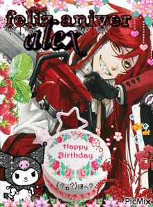 a picture of a man with a gun and a cake that says " happy birthday "