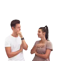 a man and a woman are looking up at each other