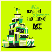 a green and black christmas tree made out of gift boxes with feliz navidad y prospero ano nuevo