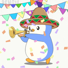 a penguin wearing a sombrero plays a trumpet