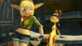 a cartoon character is standing next to a cartoon character sitting on a table