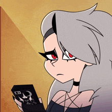 a cartoon character with red eyes and a black choker