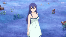 a girl with purple hair and a white dress stands in a field