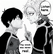 a black and white drawing of two anime characters with the words listen here