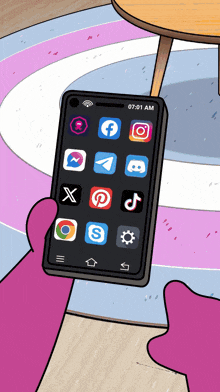 a cartoon character holding a cell phone that says 7:01 am