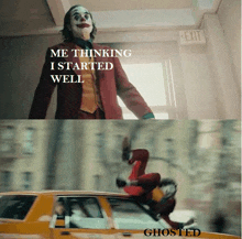 a picture of a joker standing next to an exit sign