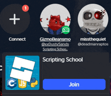 a screen that says scripting school and a button to join