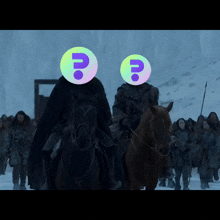 two people riding horses with question marks on their heads