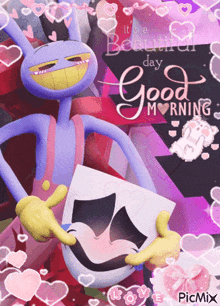 a purple cartoon character holding a piece of paper that says good morning