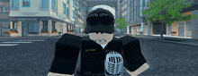a cartoon police officer is holding a microphone in front of a store called seven store art