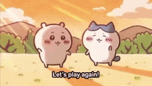 two cartoon characters are standing next to each other in a field and talking .