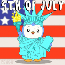 a penguin dressed as the statue of liberty holding a torch