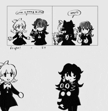 a black and white drawing of a girl talking to a cat with the words what a pretty kitty in a speech bubble
