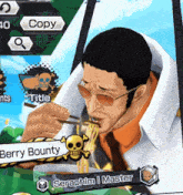 a man is eating noodles with chopsticks in a video game called berry bounty