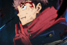 a close up of a person wearing a red scarf and a red jacket .
