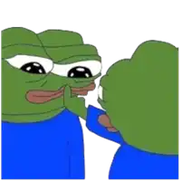 two green frogs in blue shirts are touching each other 's faces .
