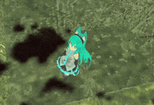 a girl with green hair and cat ears is standing on a grassy field