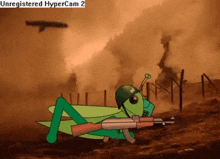 a cartoon grasshopper is holding a gun and wearing a helmet with the words " unregistered hypercam 2 " above it