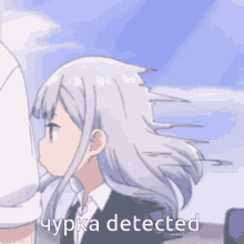 a cartoon girl with white hair is standing next to a man and says ' chuka detected ' on the bottom