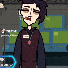 a cartoon character with a name tag that says 5022