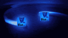 two images of a man with the word blue written on them