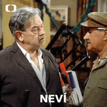 two men are standing next to each other and the word nevi is on the bottom