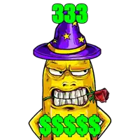 a cartoon of a banana wearing a wizard hat and holding a rose with the number 333 behind him