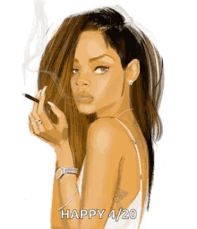 a drawing of a woman smoking a cigarette with happy 4/20 written below her