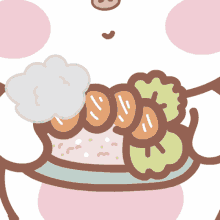a cartoon character is holding a plate of food with meatballs and lettuce on it