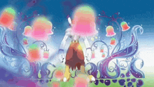 a cartoon character is standing in front of a colorful background with bells and flowers .