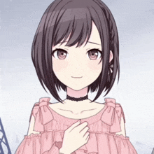 a close up of a girl wearing a choker and a pink dress