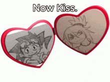 a heart shaped mirror with a drawing of a boy and a girl on it and the words now kiss