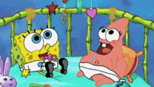 spongebob and patrick are sitting in a crib with a pacifier